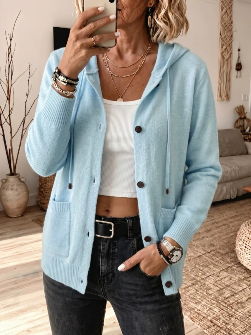 ZARA Solid Hooded Wool Knit Cardigan Women Drop Shoulder Long Sleeve Ribbed Soft